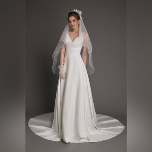 White V-Neck Lace Back A-Line Satin Wedding Dress